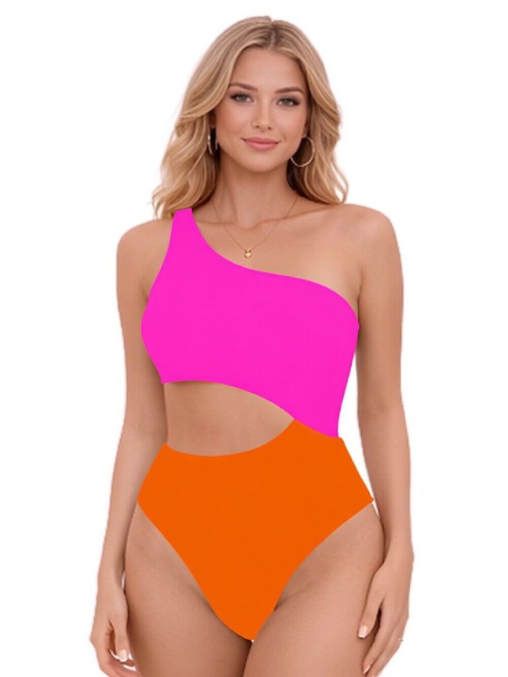 A8 Small Yonique Pink Orange One Shoulder Cutout Tummy Control Swimsuit NWT